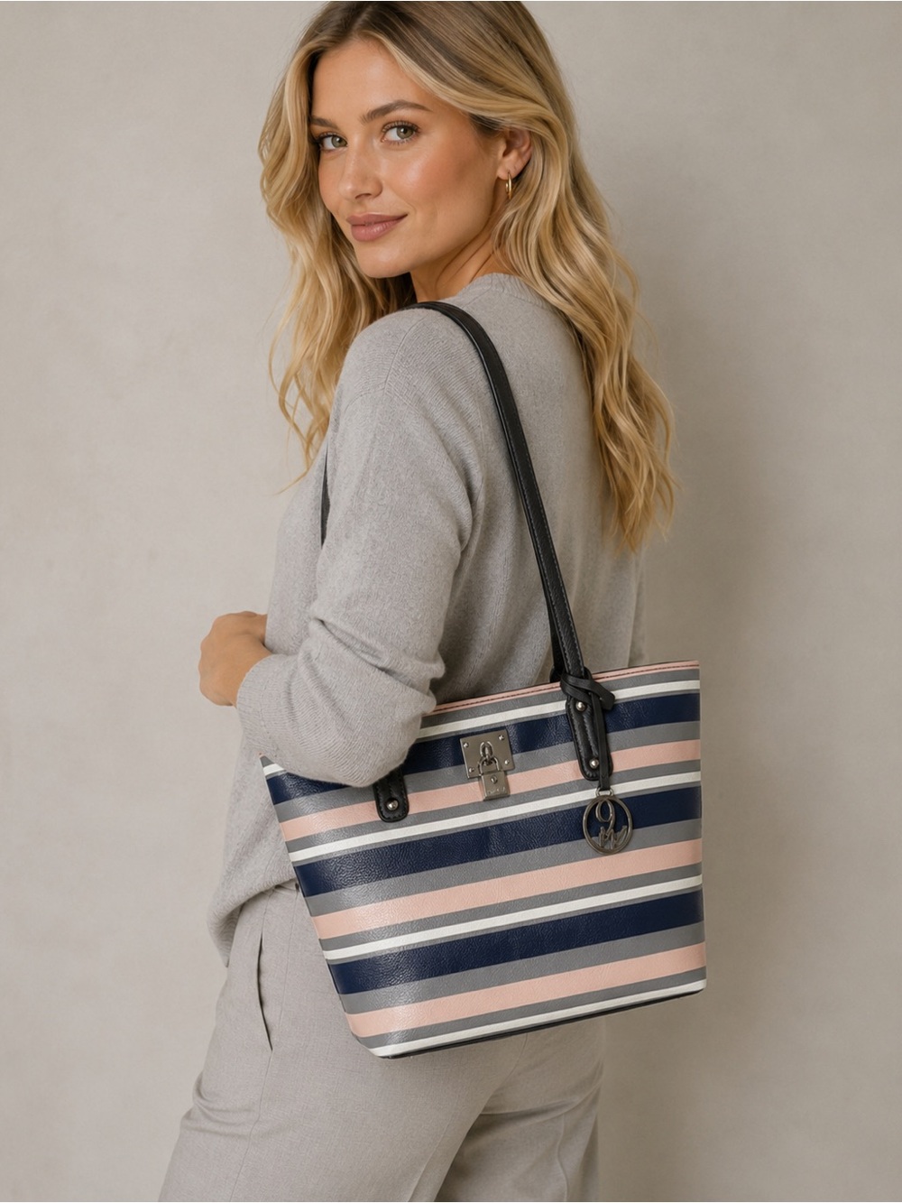 Nine West Navy, Gray, Pink & White Striped Tote with Black Trim